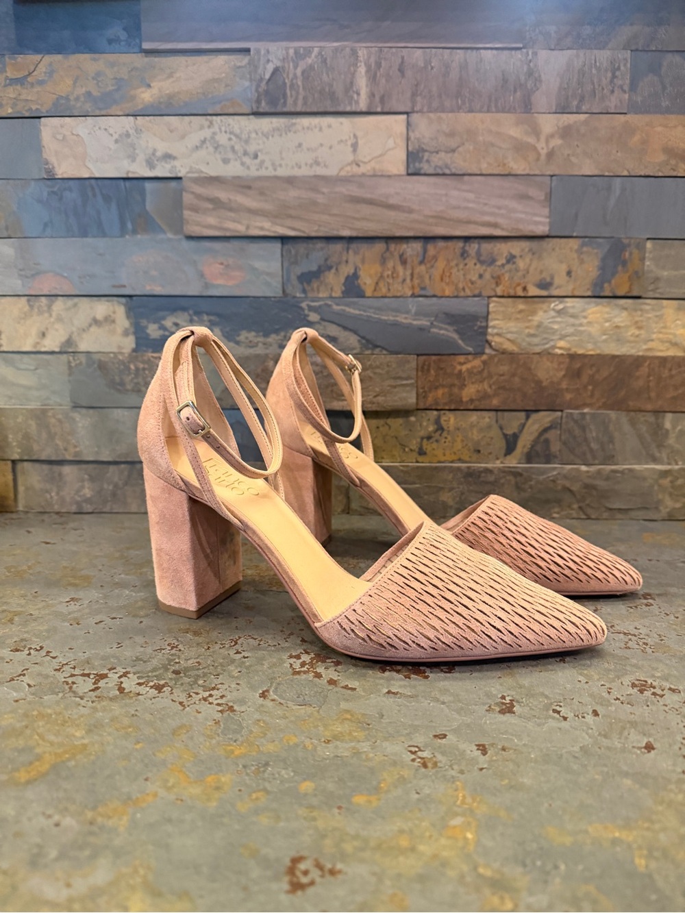 Franco Sarto Light Tan Suede Perry Woven Pointed Block Heel Pumps